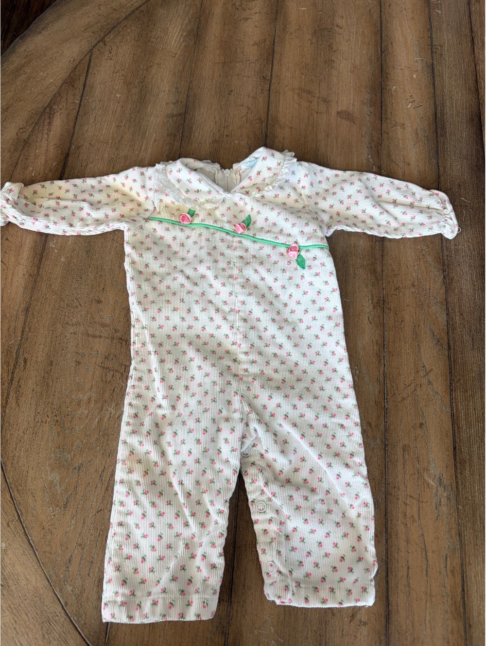 Vintage 70s baby girl corduroy overall romper pink rose flower 3-6mo Thomas